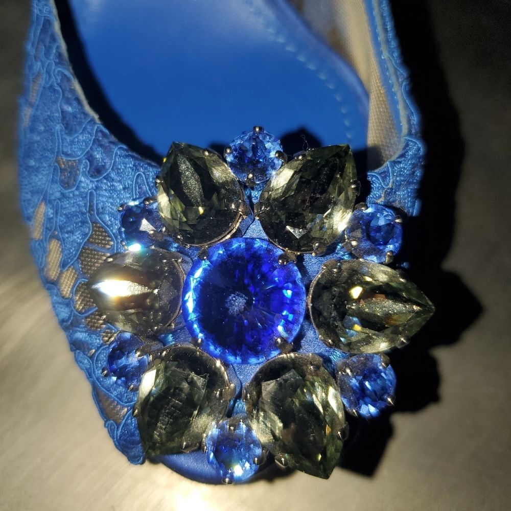 DOLCE & GABBANA Taormina Lace Crystals Blue Peep Toe Pump Heel Twee 39.5 - Picture 9 of 15